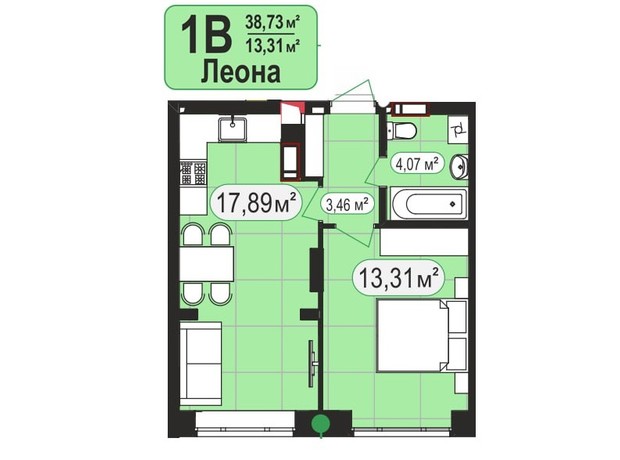 ЖК Мюнхаузен 2: планировка 1-комнатной квартиры 39.1 м²