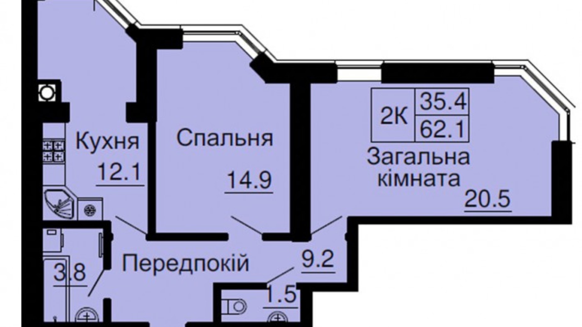 Планування 2-кімнатної квартири в ЖК Софія Резіденс 62.1 м², фото 545267