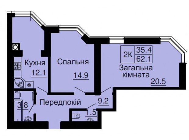 ЖК София Резиденс: планировка 2-комнатной квартиры 62.1 м²