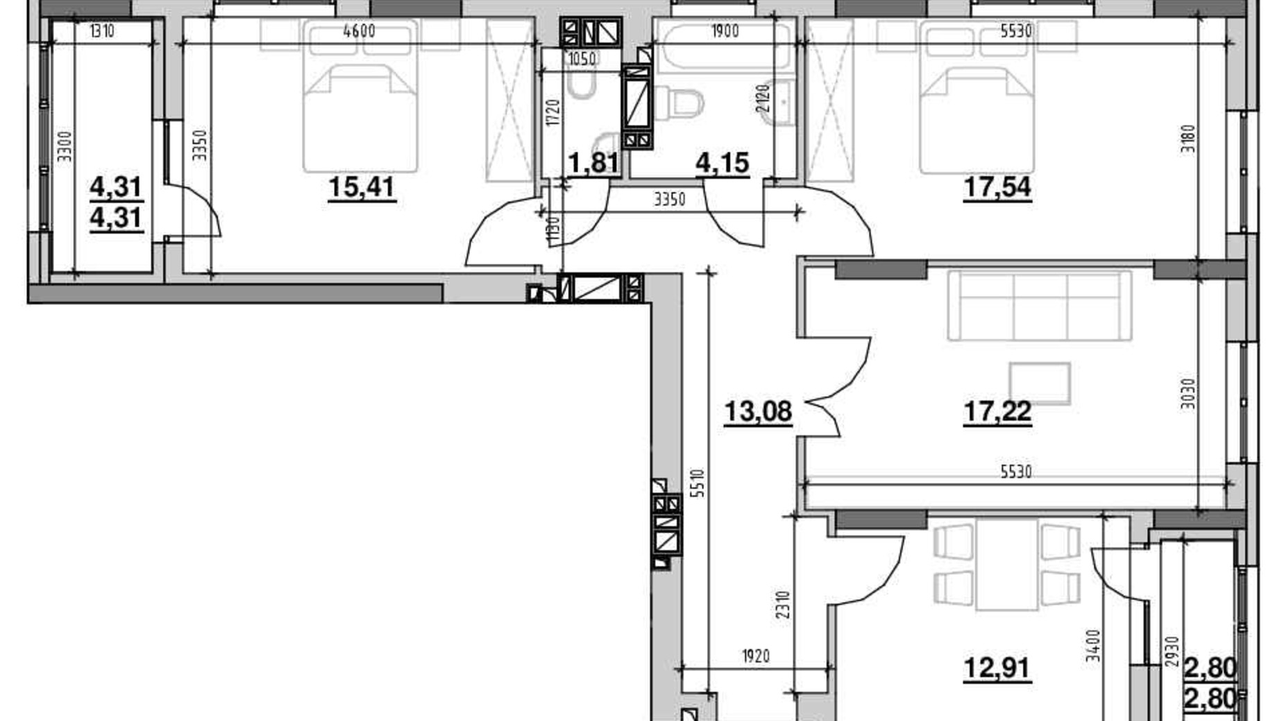 Планування 3-кімнатної квартири в ЖК Ріел Сіті 94.4 м², фото 545330