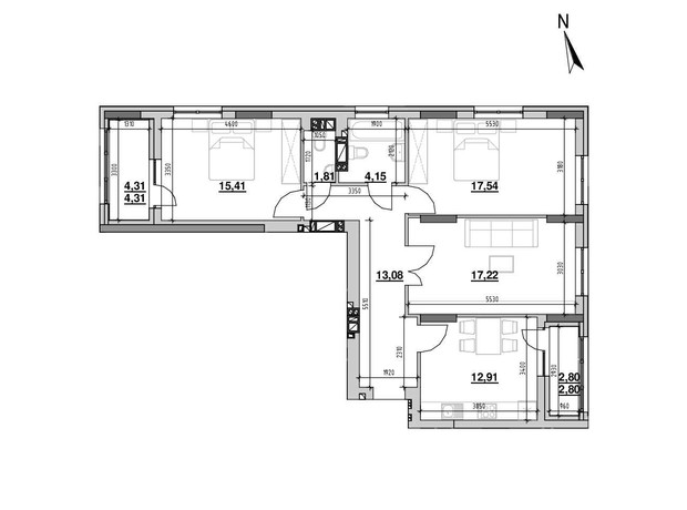 ЖК Риел Сити: планировка 3-комнатной квартиры 94.4 м²