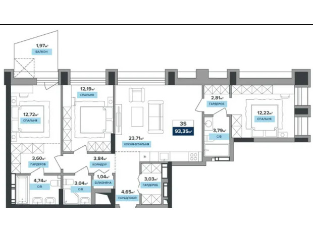 ЖК River Dale: планировка 3-комнатной квартиры 93.35 м²