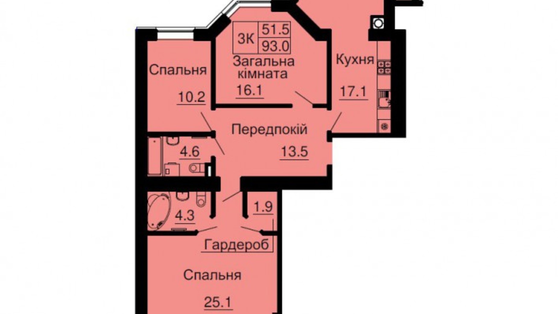 Планировка 3-комнатной квартиры в ЖК София Резиденс 93 м², фото 545612