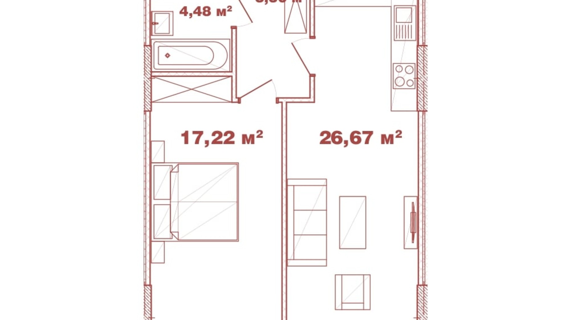 Планування 1-кімнатної квартири в ЖК Crystal Avenue 49.43 м², фото 545618
