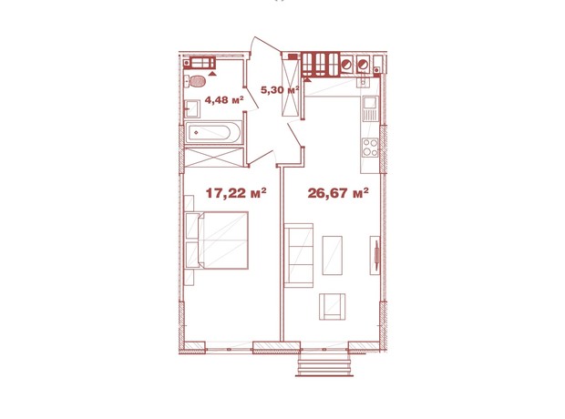 ЖК Crystal  Avenue: планировка 1-комнатной квартиры 49.43 м²