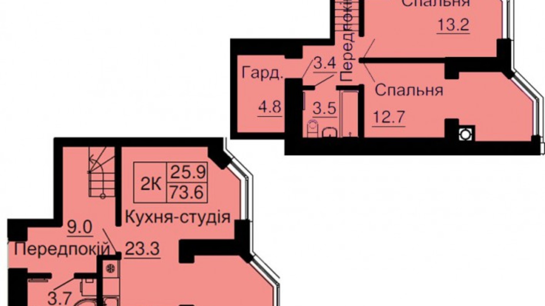 Планировка много­уровневой квартиры в ЖК София Резиденс 73.6 м², фото 545715