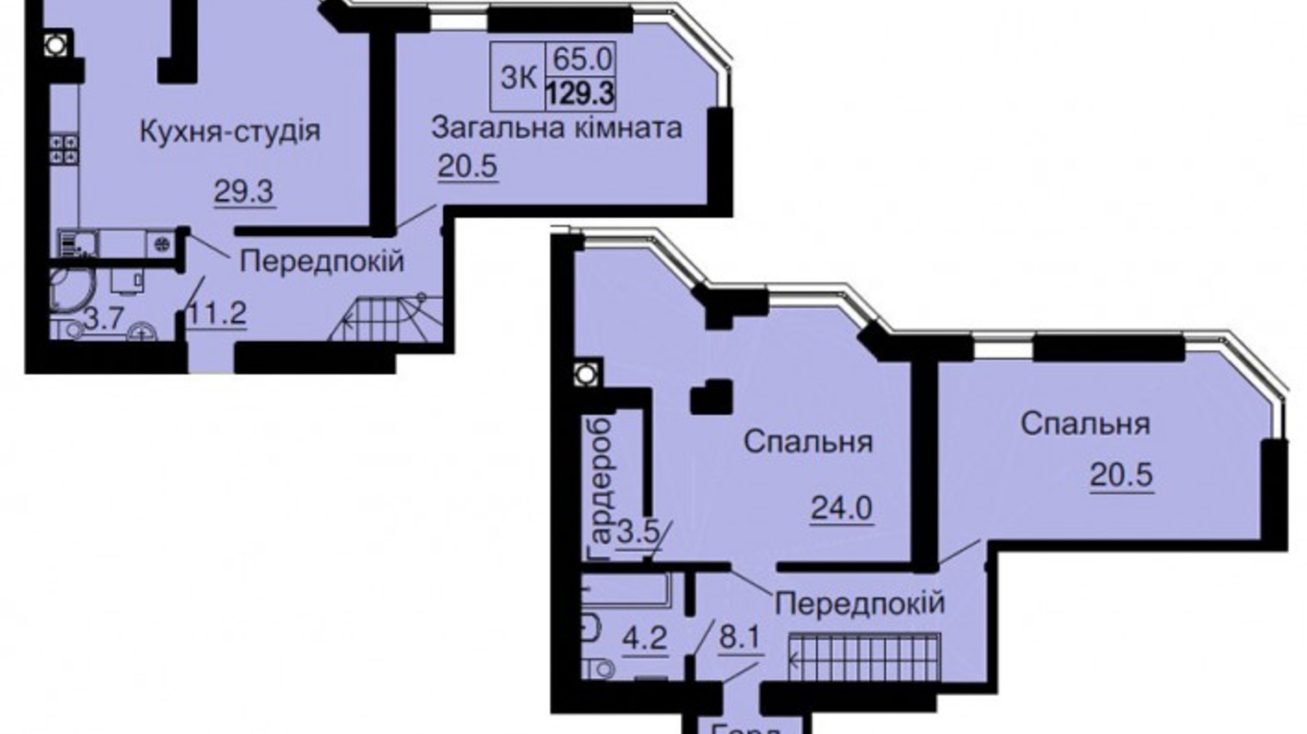 Планування багато­рівневої квартири в ЖК Софія Резіденс 129.3 м², фото 545717