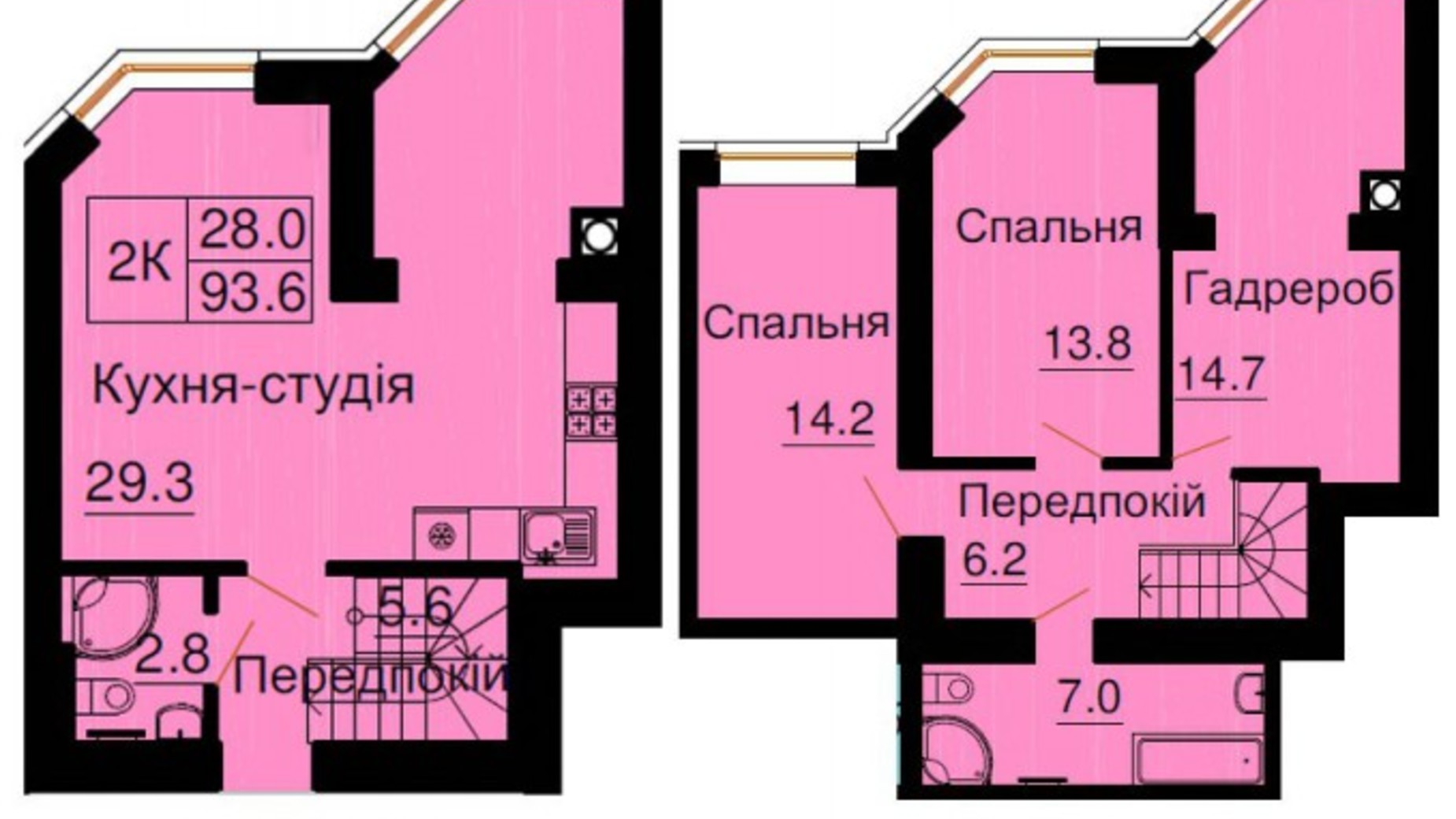 Планування багато­рівневої квартири в ЖК Софія Резіденс 93.6 м², фото 545728