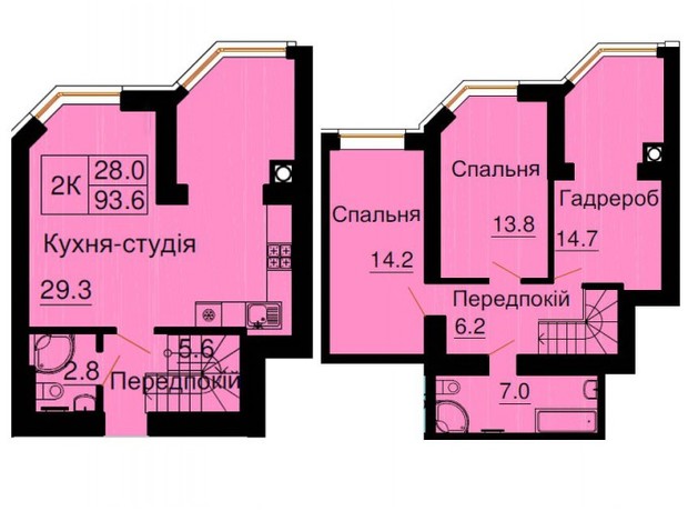 ЖК София Резиденс: планировка 2-комнатной квартиры 93.6 м²