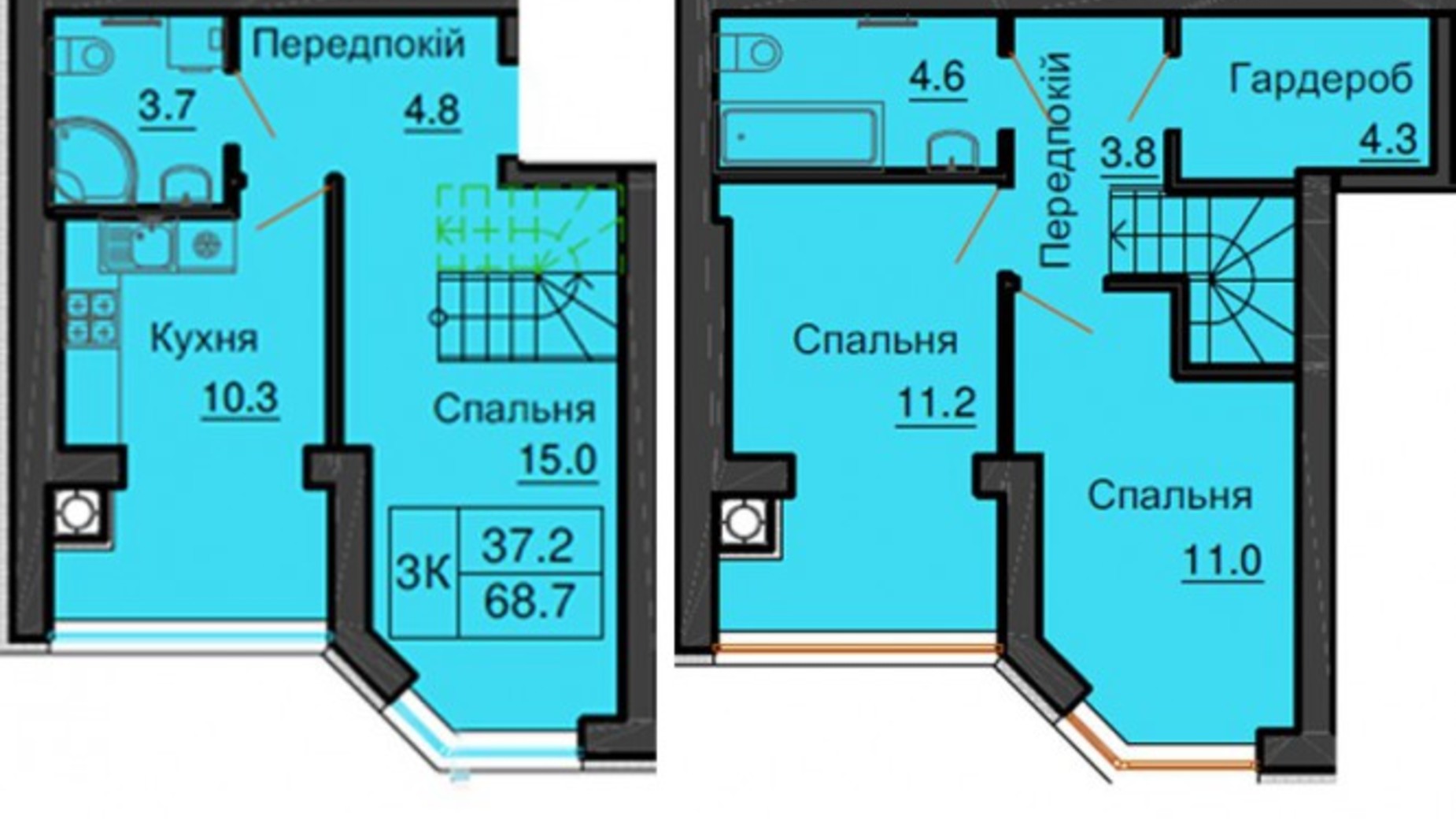 Планування багато­рівневої квартири в ЖК Софія Резіденс 68.7 м², фото 545748