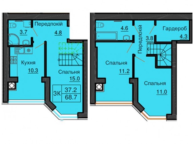 ЖК София Резиденс: планировка 3-комнатной квартиры 68.7 м²