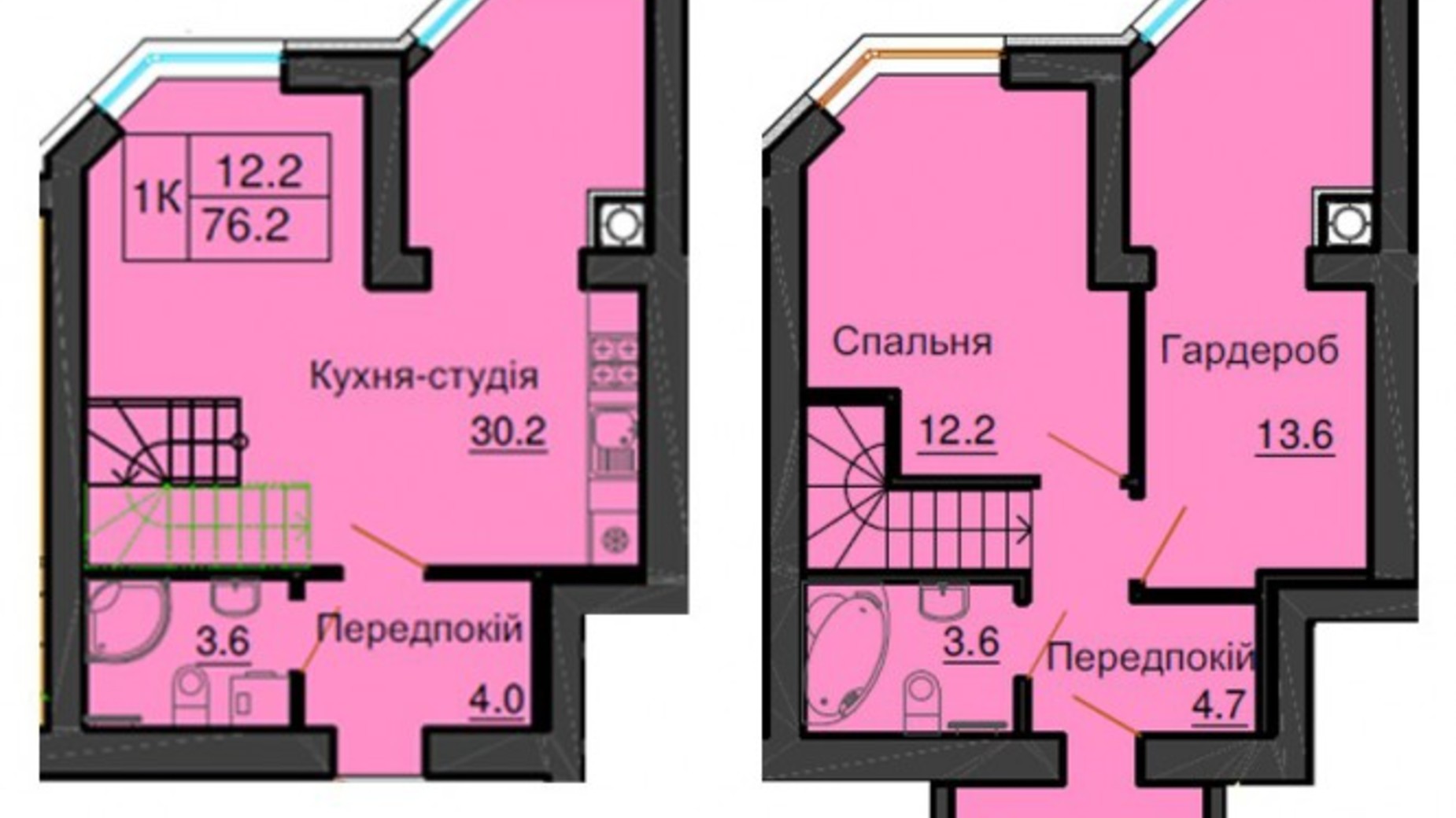 Планування багато­рівневої квартири в ЖК Софія Резіденс 76.2 м², фото 545750