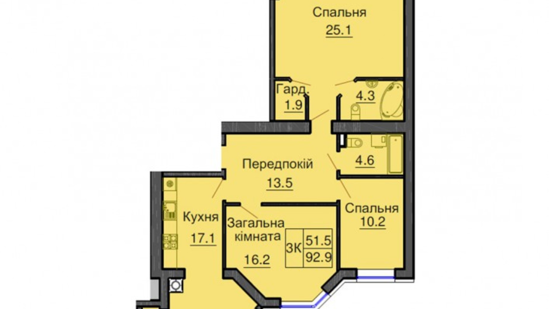 Планировка 3-комнатной квартиры в ЖК Sofia Nova 93.9 м², фото 545796