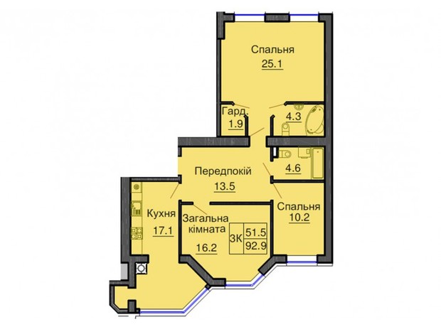 ЖК Sofia Nova: планування 3-кімнатної квартири 93.9 м²