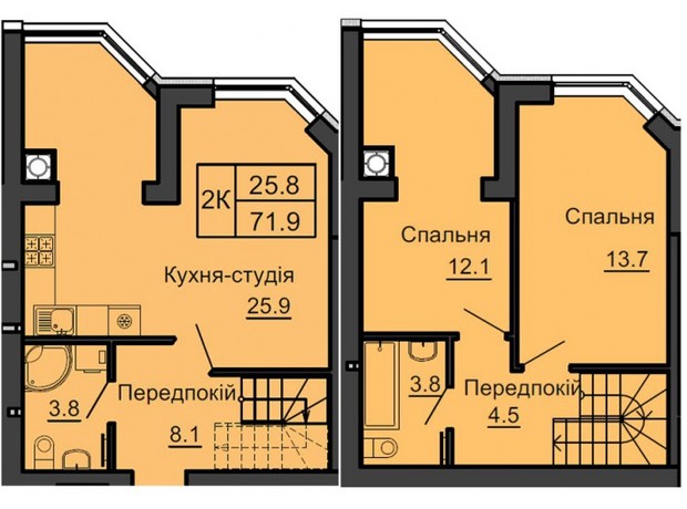 ЖК Sofia Nova: планування 2-кімнатної квартири 71.9 м²