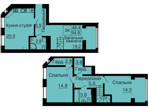 ЖК Sofia Nova: планировка 3-комнатной квартиры 94.7 м²