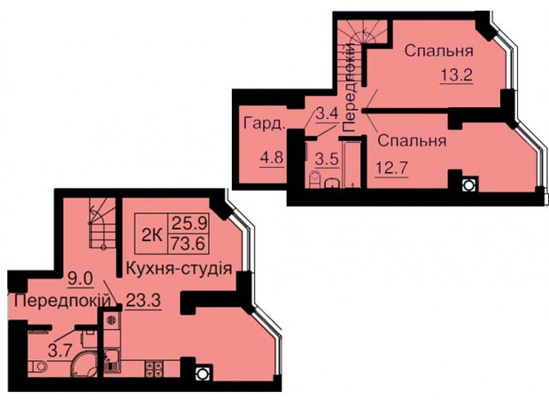ЖК Sofia Nova: планировка 2-комнатной квартиры 73.6 м²