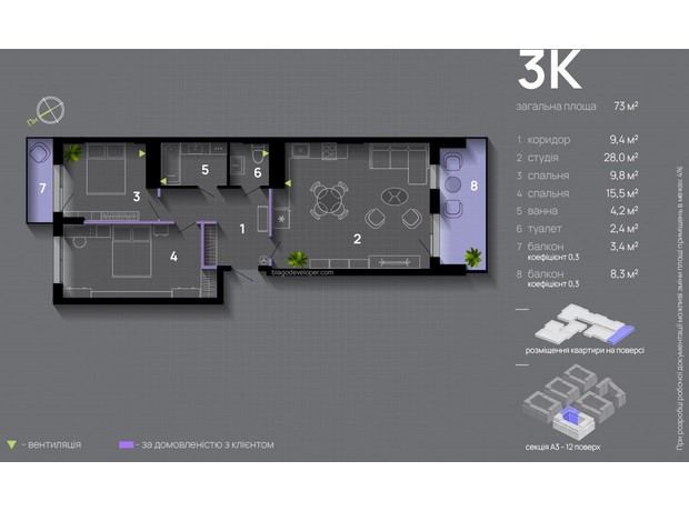 ЖК Manhattan Up: планування 3-кімнатної квартири 73 м²