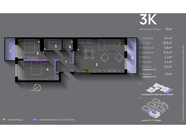 ЖК Manhattan Up: планування 3-кімнатної квартири 79 м²