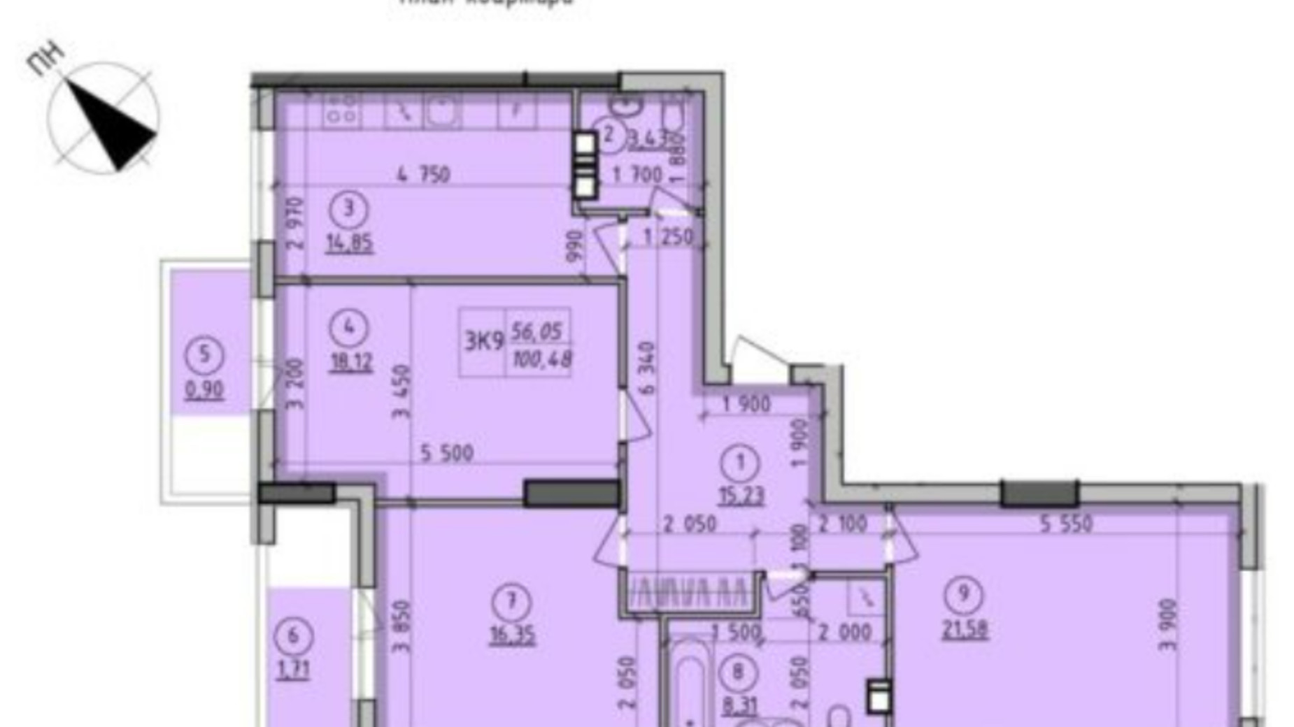 Планировка 3-комнатной квартиры в ЖК Борисо-Глебский 100.48 м², фото 546685