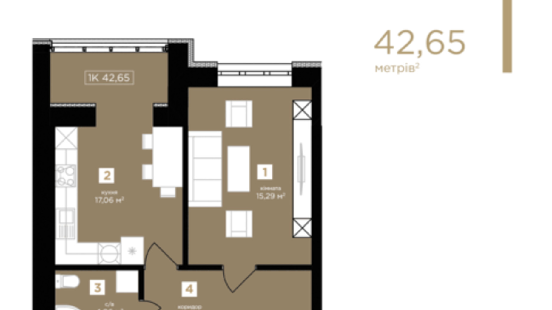 Планування 1-кімнатної квартири в ЖК Парковий 42.65 м², фото 546936