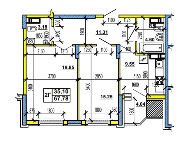 ЖК ул. Гоголя, 204: планировка 2-комнатной квартиры 67.55 м²