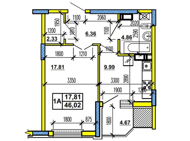 ЖК ул. Гоголя, 204: планировка 1-комнатной квартиры 46.02 м²