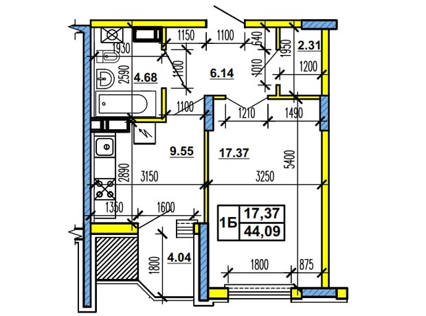 ЖК ул. Гоголя, 204: планировка 1-комнатной квартиры 44.9 м²