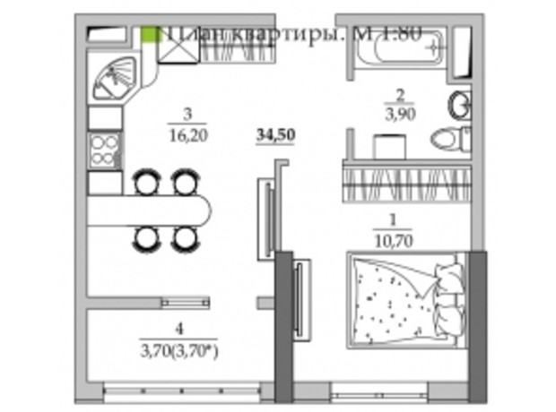 ЖК Таїровські сади: планування 1-кімнатної квартири 34.5 м²