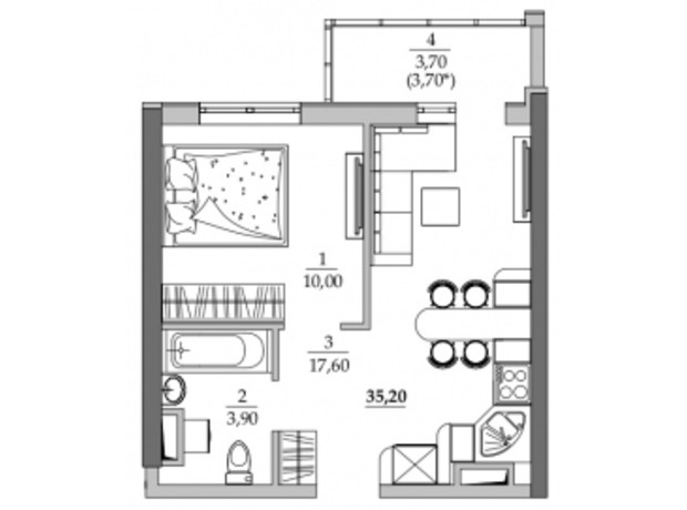 ЖК Таїровські сади: планування 1-кімнатної квартири 35.2 м²