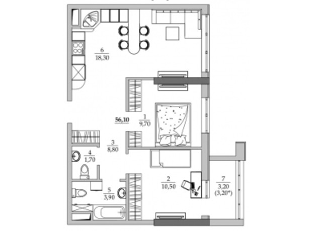 ЖК Таировские сады: планировка 1-комнатной квартиры 55.9 м²