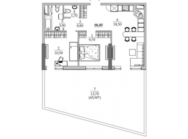 ЖК Таировские сады: планировка 1-комнатной квартиры 66.6 м²