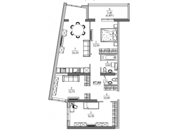 ЖК Таировские сады: планировка 2-комнатной квартиры 87.8 м²