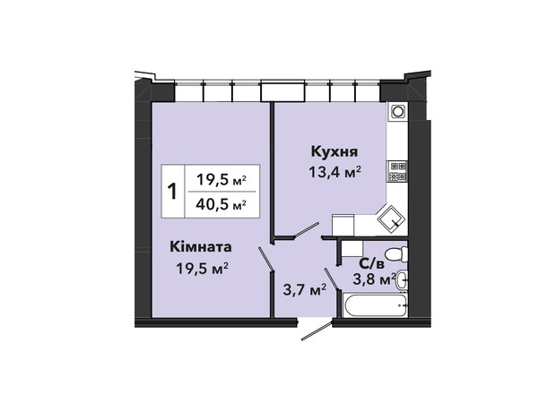 ЖК Перлина Проскурова 3: планування 1-кімнатної квартири 40.5 м²