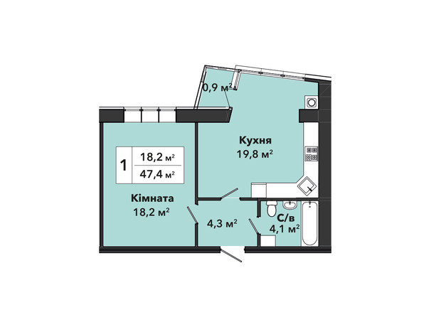 ЖК Перлина Проскурова 3: планування 1-кімнатної квартири 47.4 м²