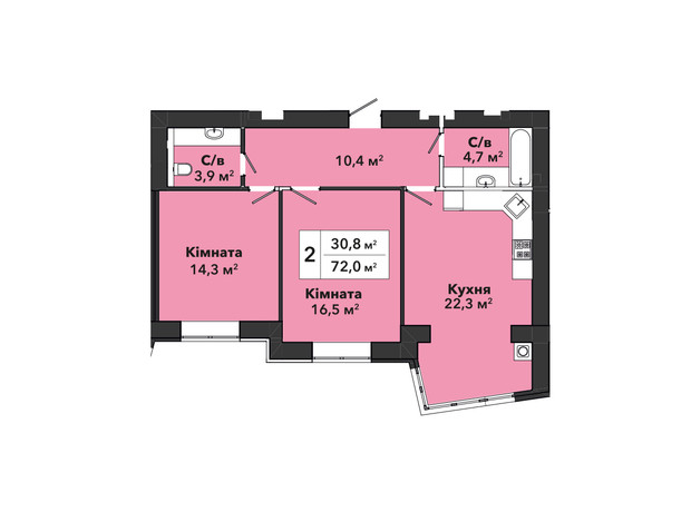 ЖК Перлина Проскурова 3: планування 2-кімнатної квартири 72 м²