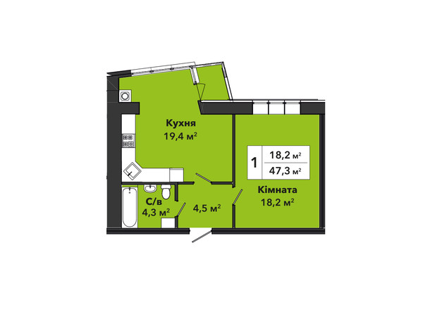 ЖК Перлина Проскурова 3: планування 1-кімнатної квартири 47.3 м²
