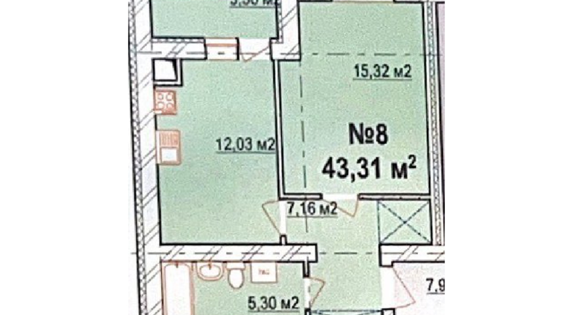 Планування 1-кімнатної квартири в ЖК Масив Барський 43.31 м², фото 547316