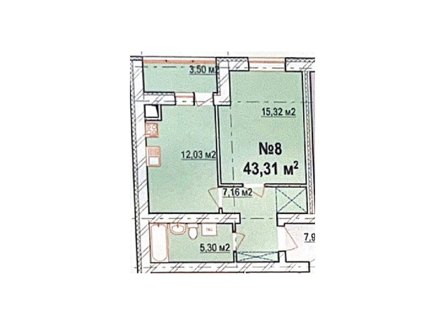 ЖК Масив Барський: планування 1-кімнатної квартири 43.31 м²