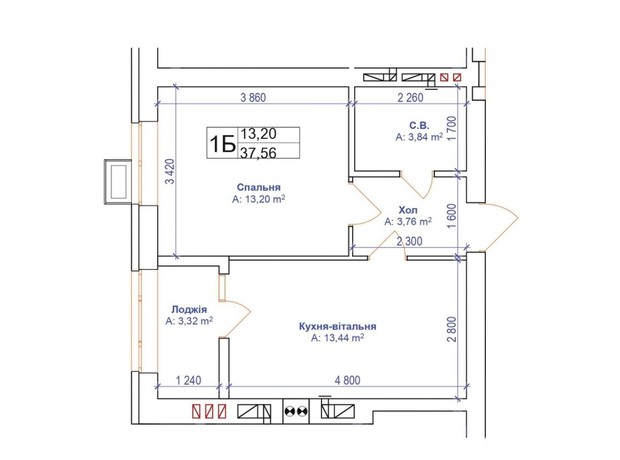 ЖК Бургундія: планування 1-кімнатної квартири 37.6 м²