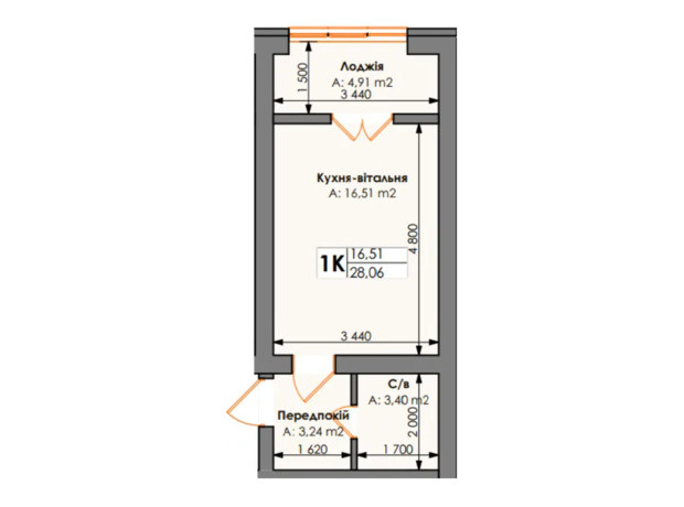 ЖК Бургундия: планировка 1-комнатной квартиры 28 м²