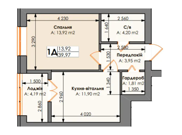 ЖК Бургундия: планировка 1-комнатной квартиры 39.6 м²