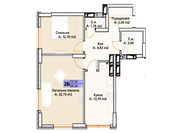 ЖК Chehov Парк Квартал: планування 2-кімнатної квартири 67.3 м²