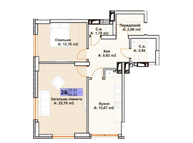 ЖК Chehov Парк Квартал: планування 2-кімнатної квартири 67.6 м²