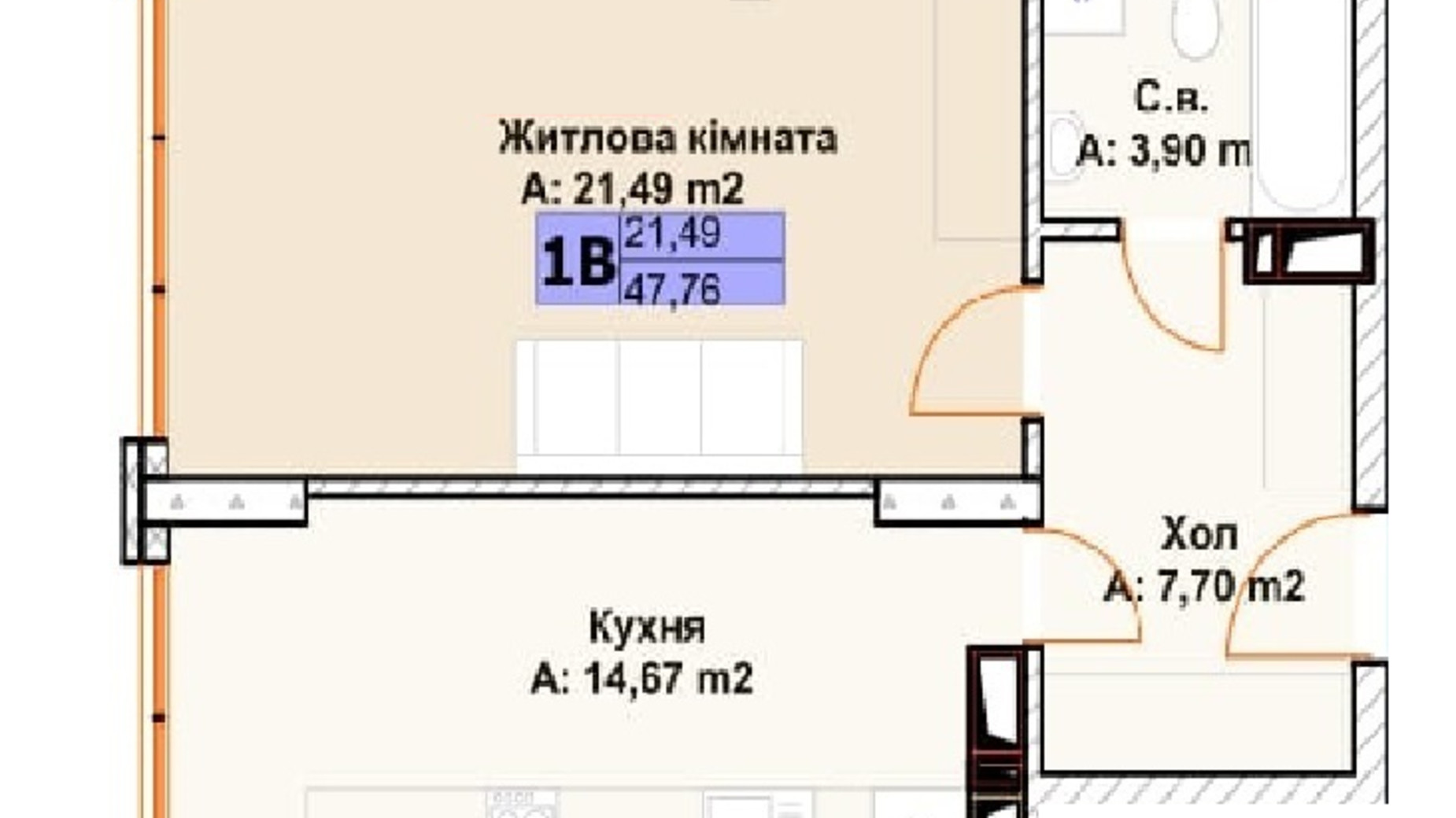 Планировка 1-комнатной квартиры в ЖК Chehov Парк Квартал 48.4 м², фото 547964