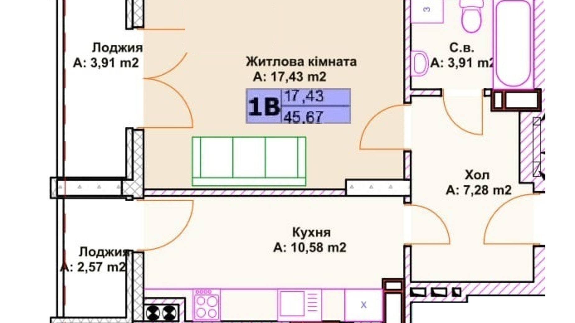 Планування 1-кімнатної квартири в ЖК Chehov Парк Квартал 48.5 м², фото 547965