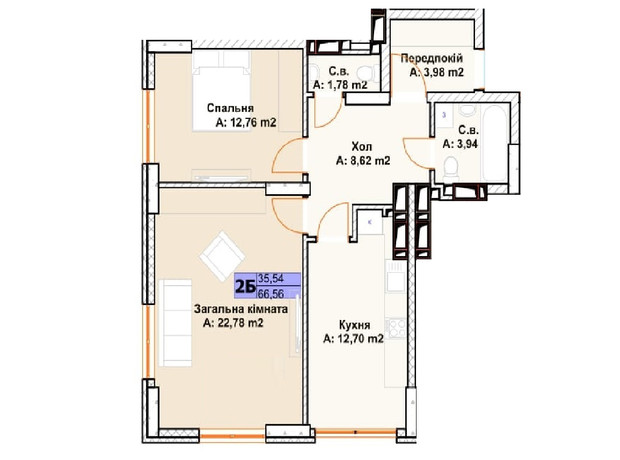 ЖК Chehov Парк Квартал: планировка 2-комнатной квартиры 67.2 м²