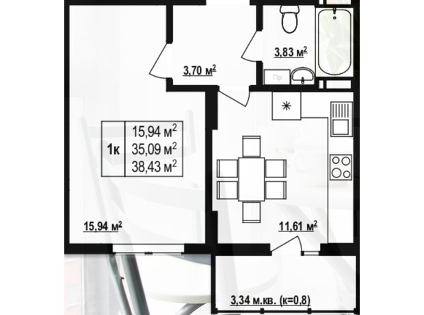 ЖК Околиця: планировка 1-комнатной квартиры 38.43 м²