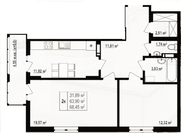 ЖК Околиця: планировка 2-комнатной квартиры 68.45 м²