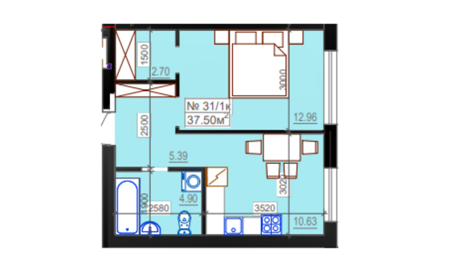 Планировка 1-комнатной квартиры в ЖК Миланж 37.5 м², фото 548243
